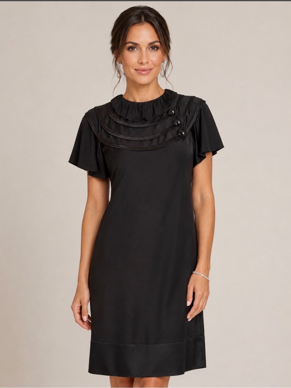 ABS Allen Schwartz Black Shift Cocktail Dress Quiet Luxury Size 6 Pleated Yoke